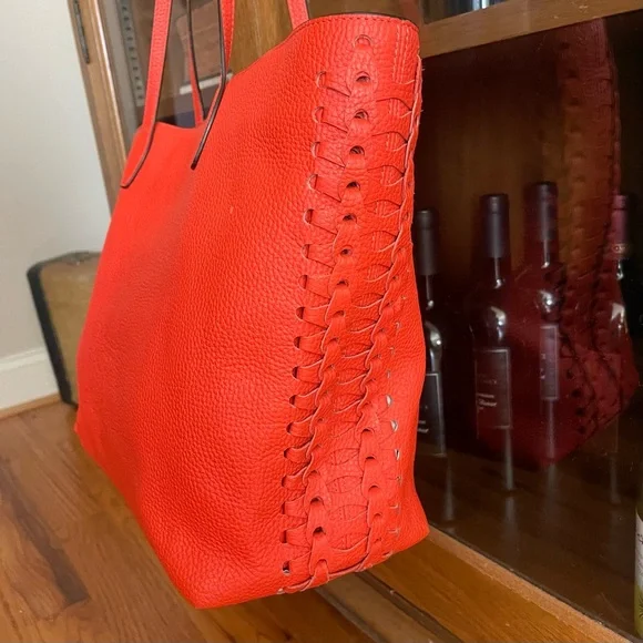 Henri BENDEL Orange Coral Leather Noho Novelty Gusset Large Braided Work Bag - Picture 15 of 16